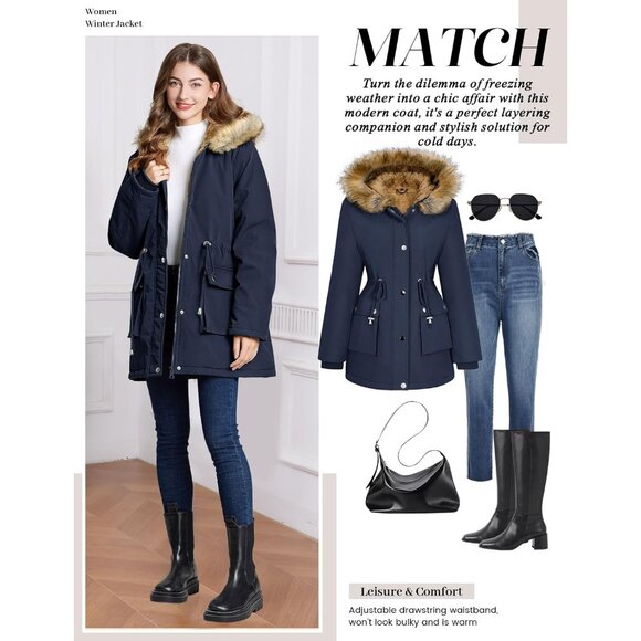 Women Winter Coats Fleece Lined Parka Jackets Hooded Warm Thicken Coat With Pock - Picture 5 of 6